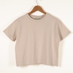 Bej Pamuk Cropped Oversize Basic T-Shirt